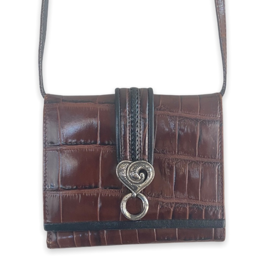 Brighton Croc Embossed Leather Brown Wallet On Strap Heart Coin-purse Billfold